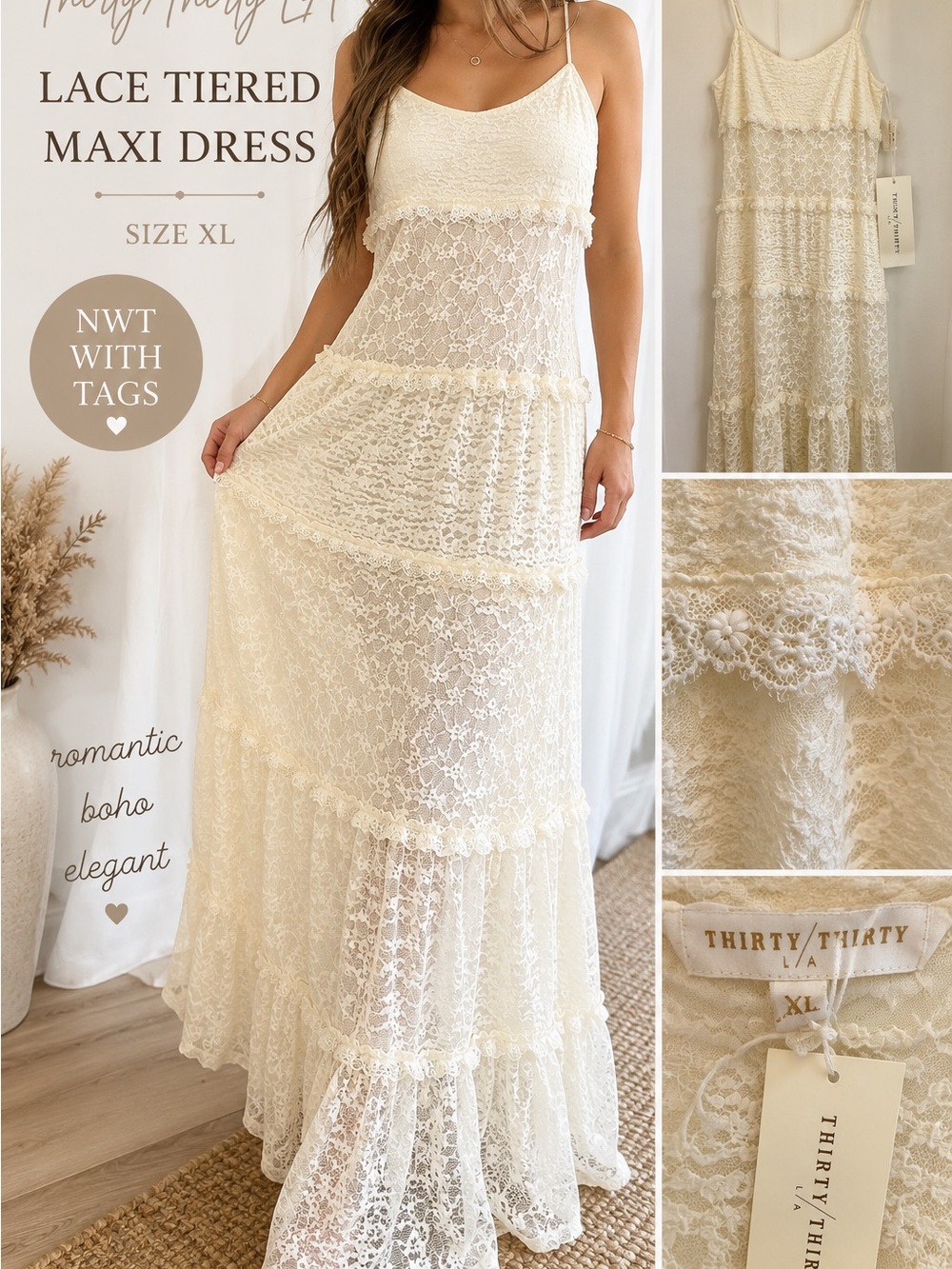 Thirty/Thirty Cream Lace Tiered Maxi Dress - XL